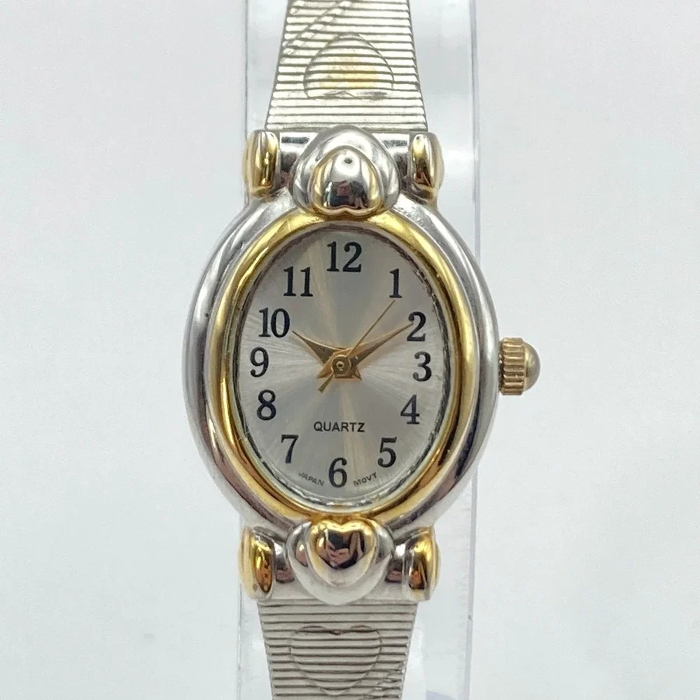 Vintage White Stag Womens Watch Silver Gold Tone Hearts Stretch Band New Battery